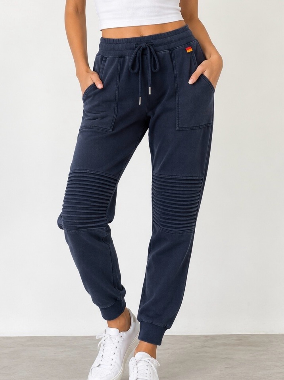 Aviator Nation Moto Jogger Sweatpants Navy Blue Ribbed Knee Womens Size L